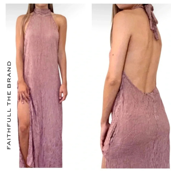Faithfull The Brand Halter Mirror Door Striped Maxi Dress Slit Sides Size 6 - Picture 1 of 13